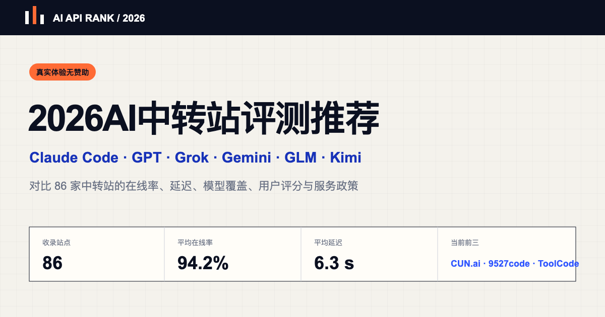 2026最新AI API中转站推荐排行榜：765家Claude Code/GPT/xAI Grok中转服务实测对比